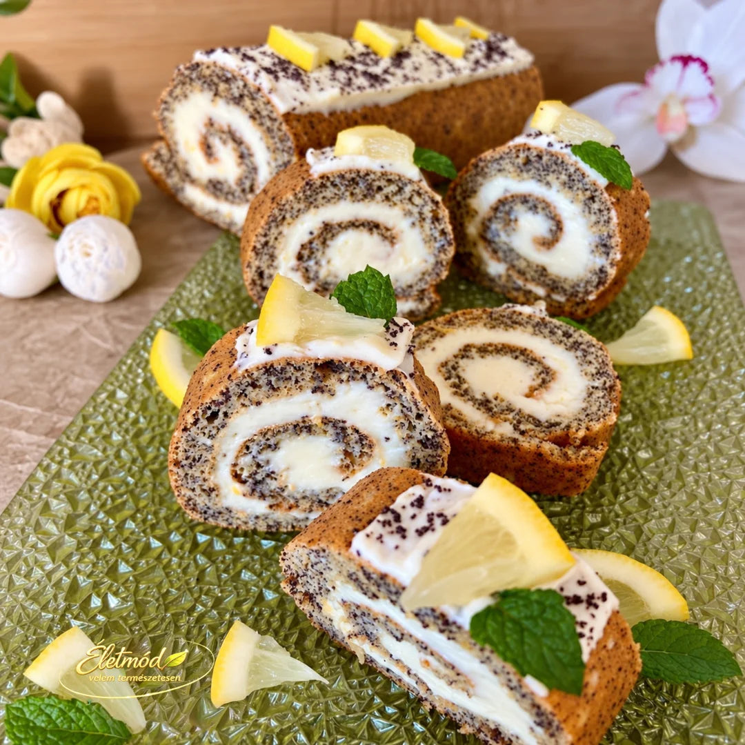 Mohn-Biskuitrolle mit Zitronencreme und Mascarponecreme