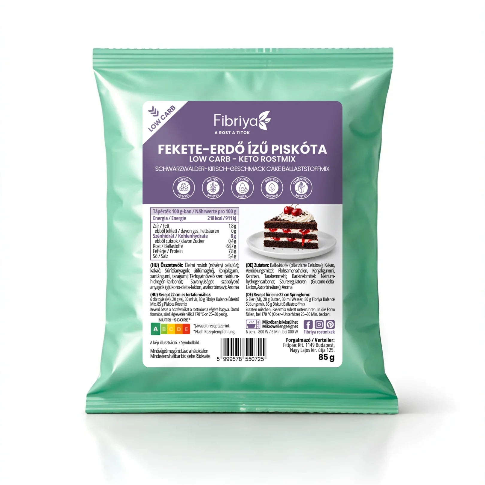 Fibriya biszkopt o smaku tortu szwarcwaldzkiego – niskowęglowodanowa keto mieszanka błonnikowa 85g