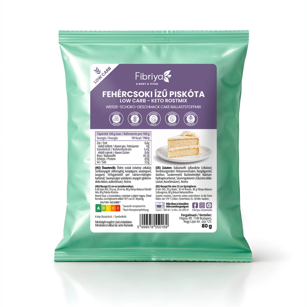 Fibriya biszkopt o smaku białej czekolady – niskowęglowodanowa keto mieszanka błonnikowa 80g